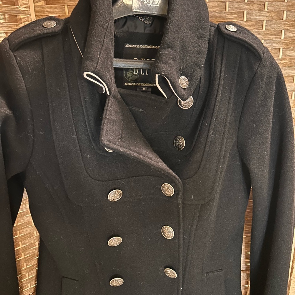 D.E.P.T. brand military style long pea coat: wool